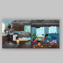 Load image into Gallery viewer, Illustrated book panels showing a family dealing with stormy weather at home.